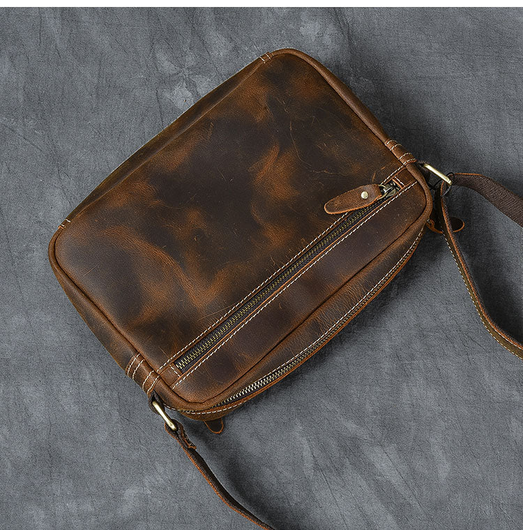 Vintage Leather Mens 8' Brown Saddle Side Bag Messenger Bag Small Postman Bag For Men