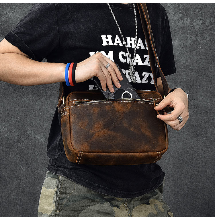 Vintage Leather Mens 8' Brown Saddle Side Bag Messenger Bag Small Postman Bag For Men