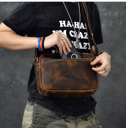 Vintage Leather Mens 8' Brown Saddle Side Bag Messenger Bag Small Postman Bag For Men