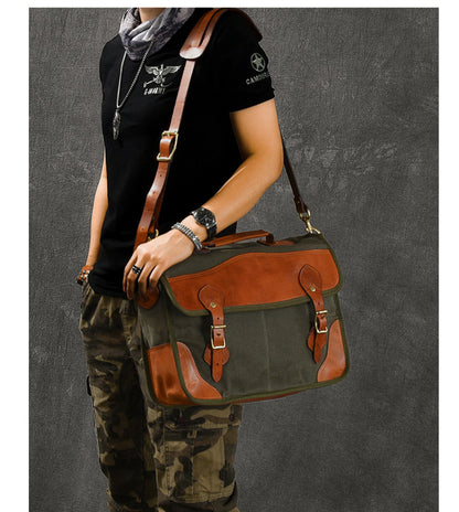 Canvas Leather Mens 14¡®¡¯ Army Green Briefcase Side Bag Retro Messenger Bag Shoulder Bag For Men