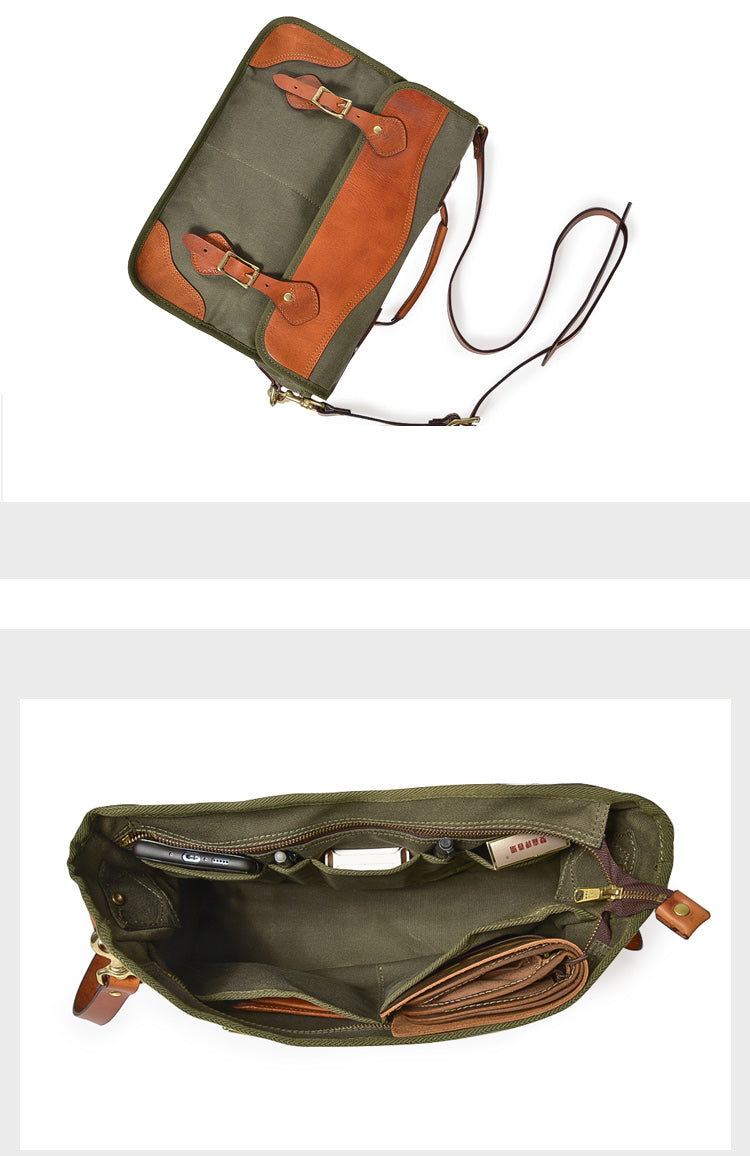 Canvas Leather Mens 14¡®¡¯ Army Green Briefcase Side Bag Retro Messenger Bag Shoulder Bag For Men