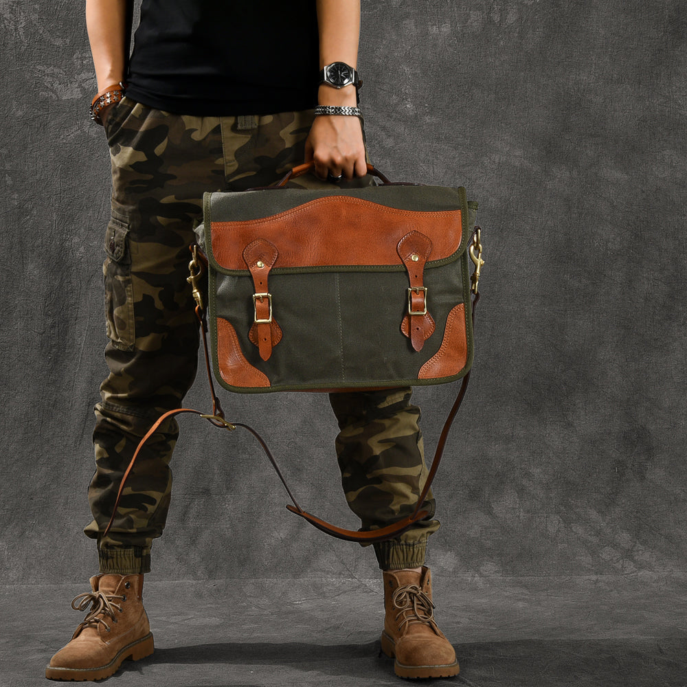 Canvas Leather Mens 14¡®¡¯ Army Green Briefcase Side Bag Retro Messenger Bag Shoulder Bag For Men