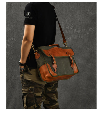 Canvas Leather Mens 14¡®¡¯ Army Green Briefcase Side Bag Retro Messenger Bag Shoulder Bag For Men