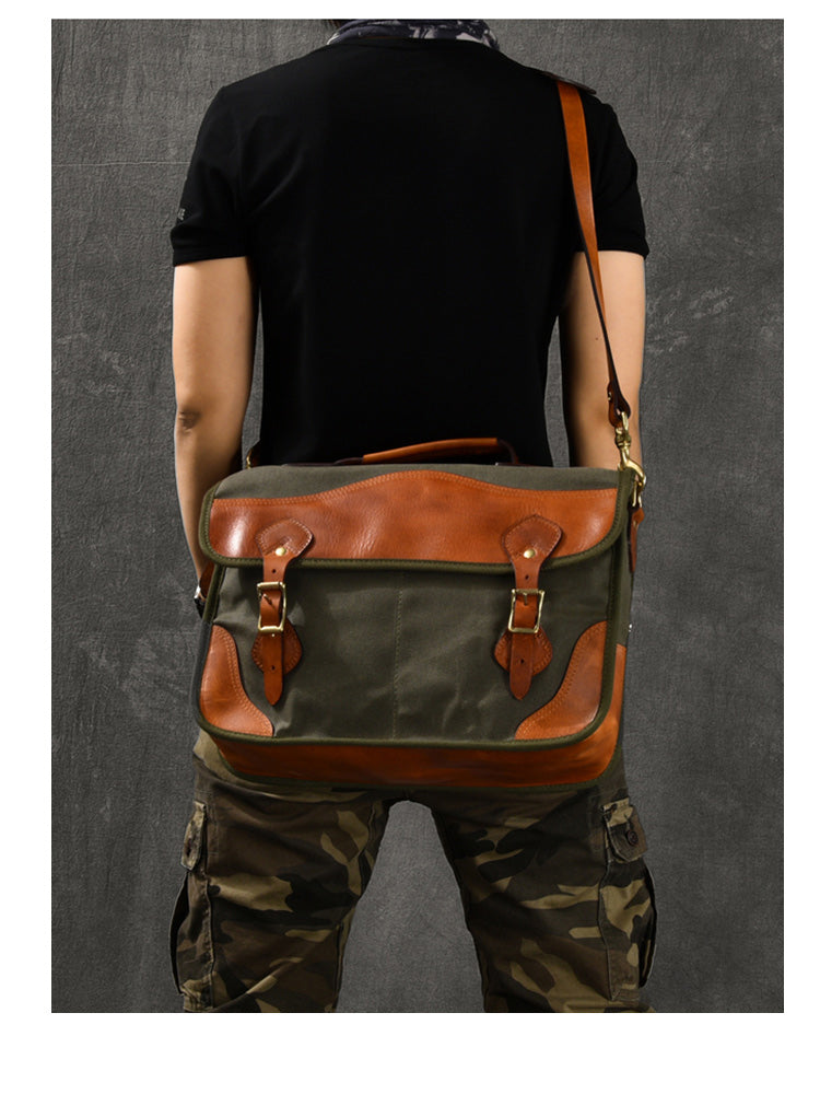 Canvas Leather Mens 14¡®¡¯ Army Green Briefcase Side Bag Retro Messenger Bag Shoulder Bag For Men