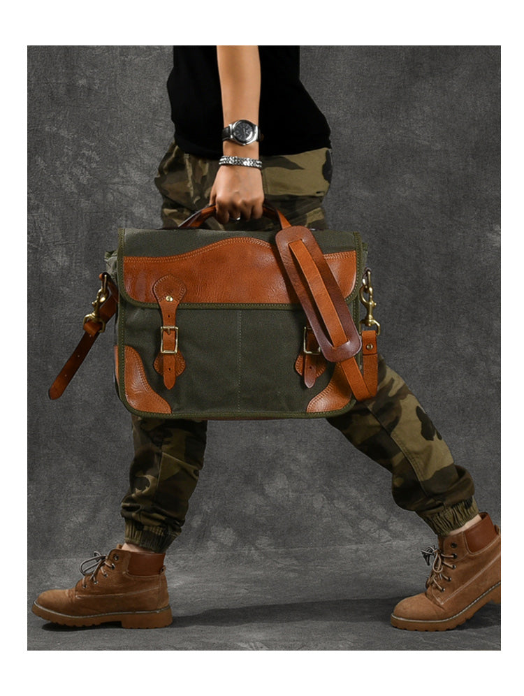 Canvas Leather Mens 14¡®¡¯ Army Green Briefcase Side Bag Retro Messenger Bag Shoulder Bag For Men