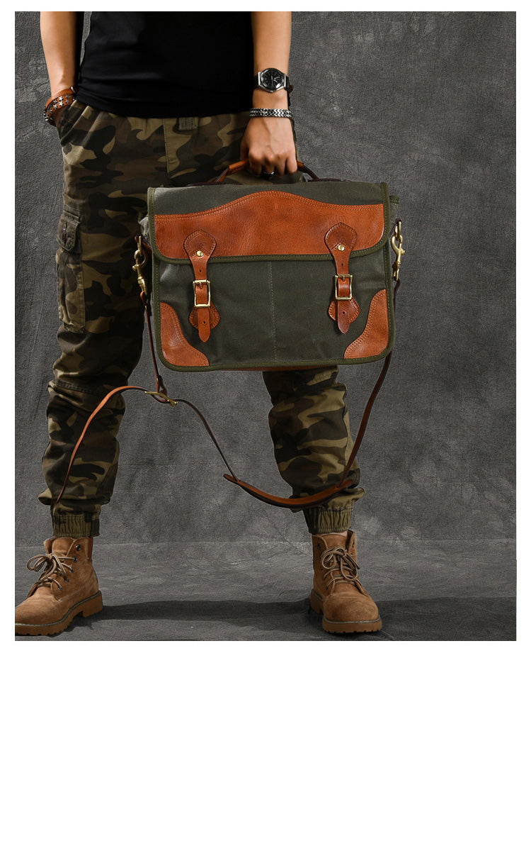 Canvas Leather Mens 14¡®¡¯ Army Green Briefcase Side Bag Retro Messenger Bag Shoulder Bag For Men