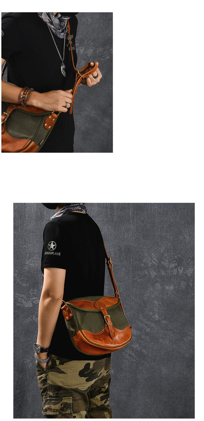 Canvas Leather Mens Womens Army Green Saddle Side Bag Messenger Bag Small Shoulder Bag For Men