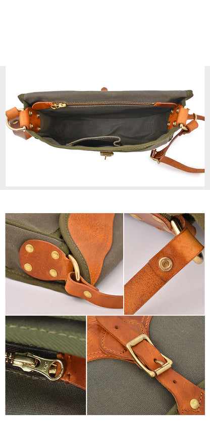 Canvas Leather Mens Womens Army Green Saddle Side Bag Messenger Bag Small Shoulder Bag For Men