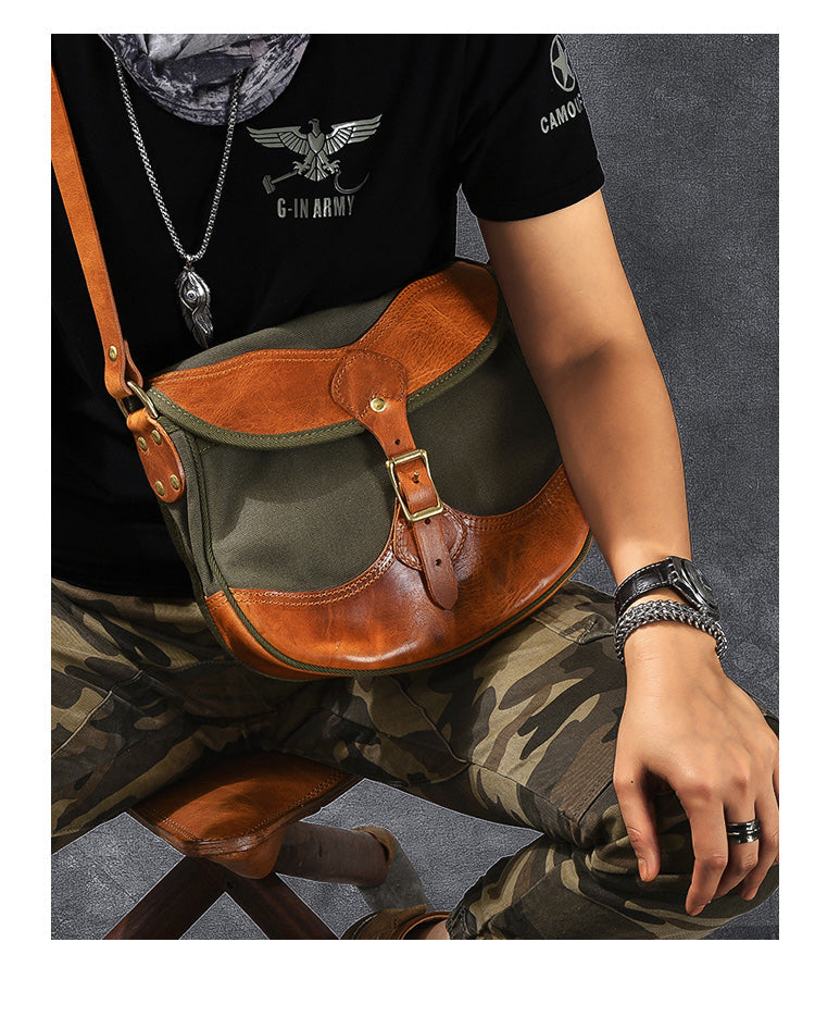 Canvas Leather Mens Womens Army Green Saddle Side Bag Messenger Bag Small Shoulder Bag For Men