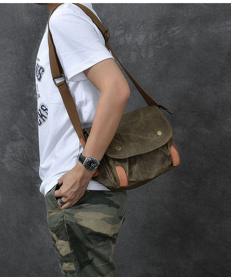 Waxed Canvas Leather Mens Gray Vintage Side Bag Khaki Messenger Bag Small Shoulder Bag For Men