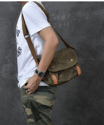 Waxed Canvas Leather Mens Gray Vintage Side Bag Khaki Messenger Bag Small Shoulder Bag For Men