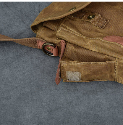 Waxed Canvas Leather Mens Gray Vintage Side Bag Khaki Messenger Bag Small Shoulder Bag For Men