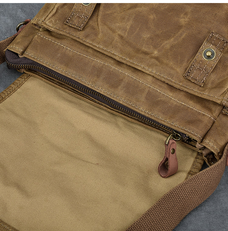 Waxed Canvas Leather Mens Gray Vintage Side Bag Khaki Messenger Bag Small Shoulder Bag For Men