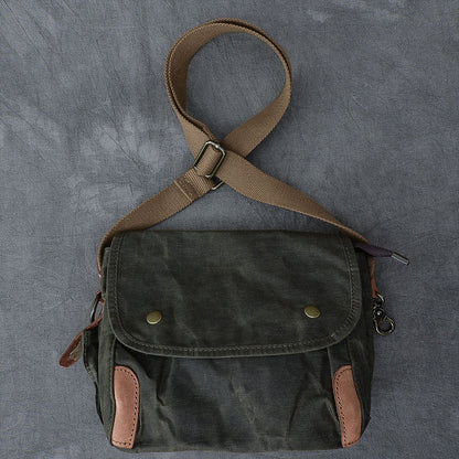 Waxed Canvas Leather Mens Gray Vintage Side Bag Khaki Messenger Bag Small Shoulder Bag For Men