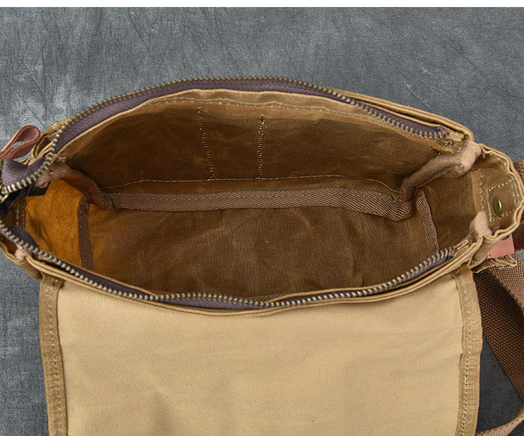 Waxed Canvas Leather Mens Gray Vintage Side Bag Khaki Messenger Bag Small Shoulder Bag For Men