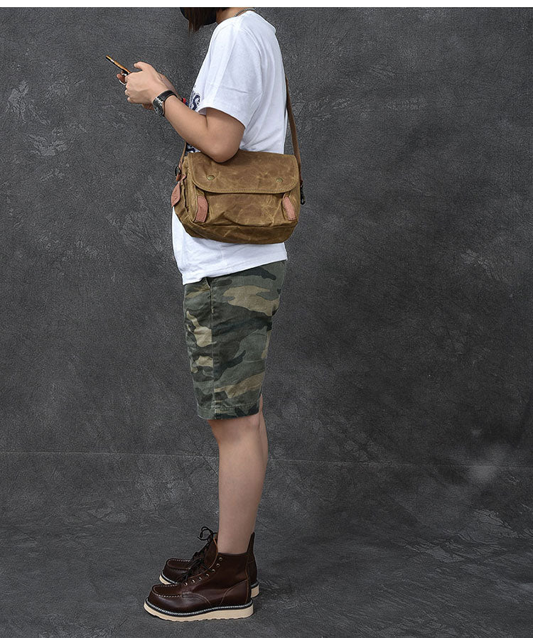 Waxed Canvas Leather Mens Gray Vintage Side Bag Khaki Messenger Bag Small Shoulder Bag For Men