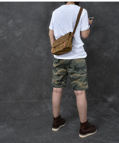 Waxed Canvas Leather Mens Gray Vintage Side Bag Khaki Messenger Bag Small Shoulder Bag For Men