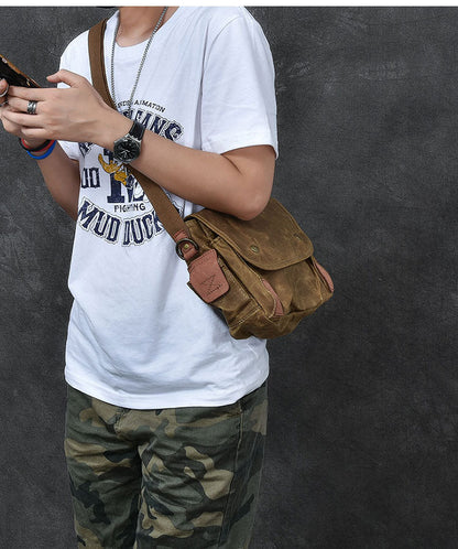 Waxed Canvas Leather Mens Gray Vintage Side Bag Khaki Messenger Bag Small Shoulder Bag For Men