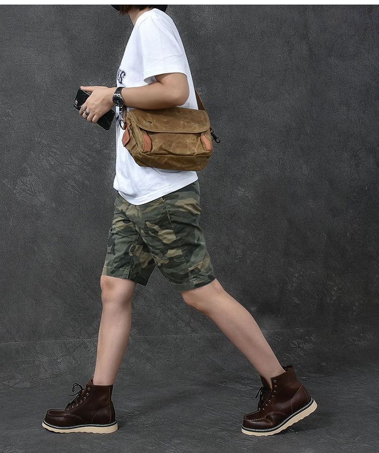 Waxed Canvas Leather Mens Gray Vintage Side Bag Khaki Messenger Bag Small Shoulder Bag For Men