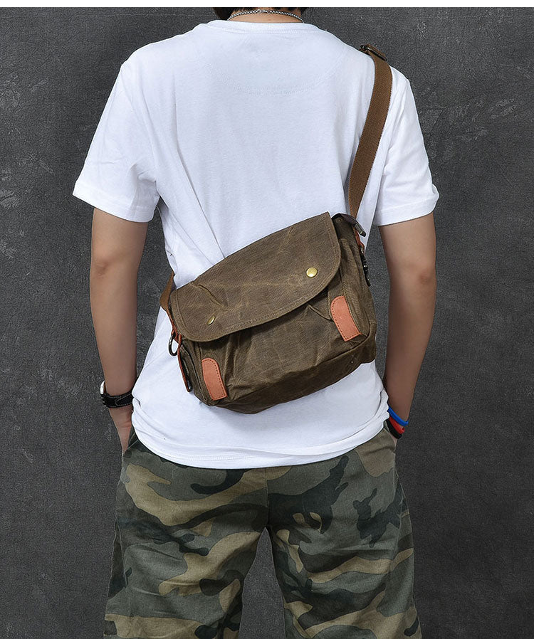 Waxed Canvas Leather Mens Gray Vintage Side Bag Khaki Messenger Bag Small Shoulder Bag For Men