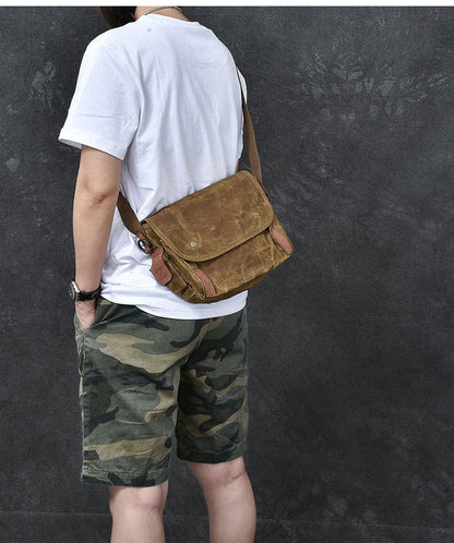 Waxed Canvas Leather Mens Gray Vintage Side Bag Khaki Messenger Bag Small Shoulder Bag For Men