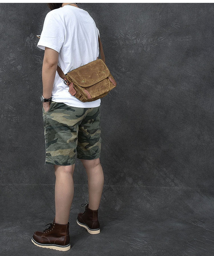 Waxed Canvas Leather Mens Gray Vintage Side Bag Khaki Messenger Bag Small Shoulder Bag For Men