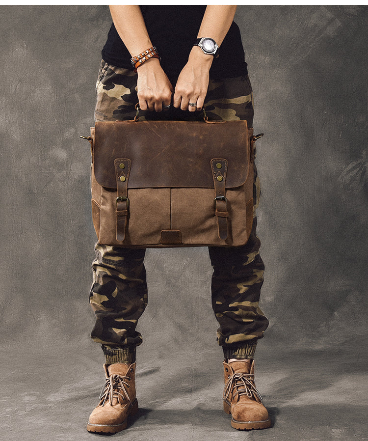 Canvas Leather Mens Womens Green Briefcase Side Bag Brown Messenger Bag Shoulder Bag For Men