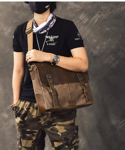 Canvas Leather Mens Womens Green Briefcase Side Bag Brown Messenger Bag Shoulder Bag For Men