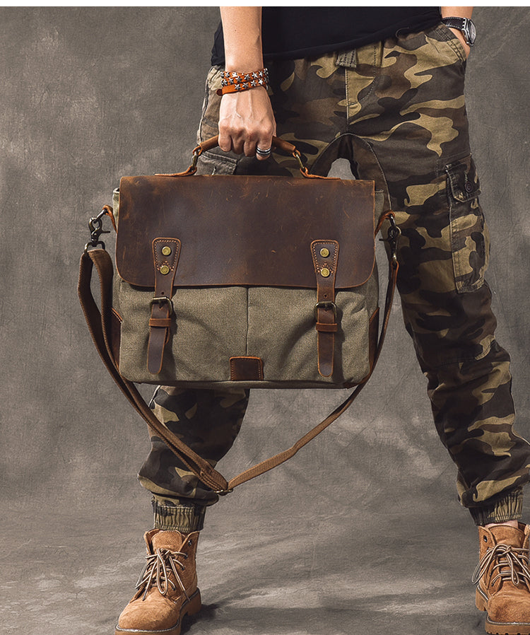 Canvas Leather Mens Womens Green Briefcase Side Bag Brown Messenger Bag Shoulder Bag For Men