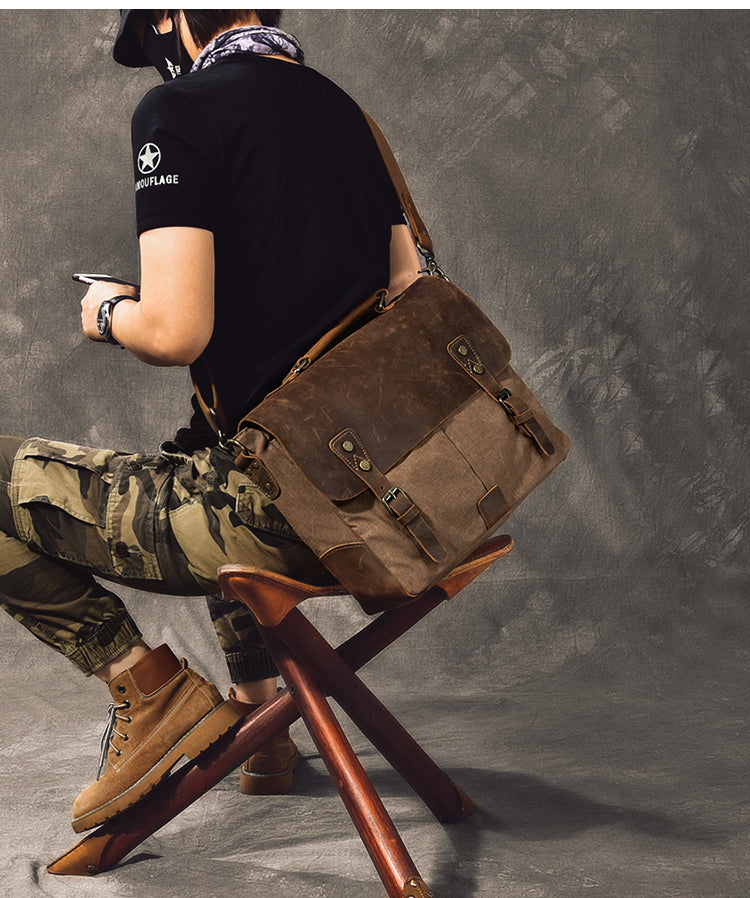 Canvas Leather Mens Womens Green Briefcase Side Bag Brown Messenger Bag Shoulder Bag For Men