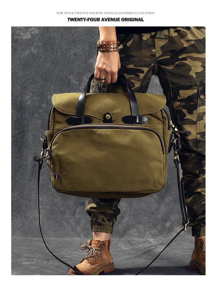 Canvas Leather Mens Khaki Briefcase 15'' Side Bag Messenger Bag Shoulder Bag For Men