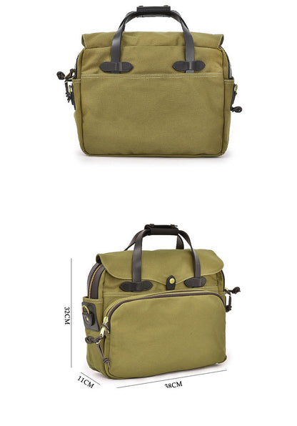 Canvas Leather Mens Khaki Briefcase 15'' Side Bag Messenger Bag Shoulder Bag For Men