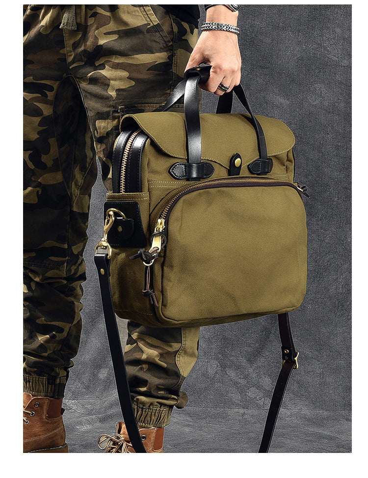 Canvas Leather Mens Khaki Briefcase 15'' Side Bag Messenger Bag Shoulder Bag For Men