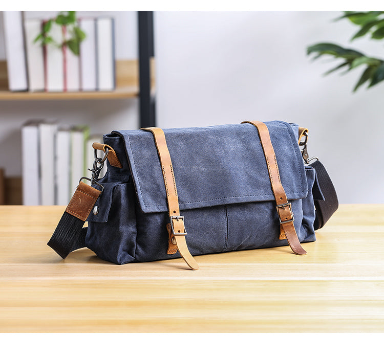 Waxed Canvas Leather Mens Waterproof 10'' Side Bag Courier Bag Blue Messenger Bag For Men