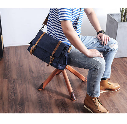 Waxed Canvas Leather Mens Waterproof 10'' Side Bag Courier Bag Blue Messenger Bag For Men