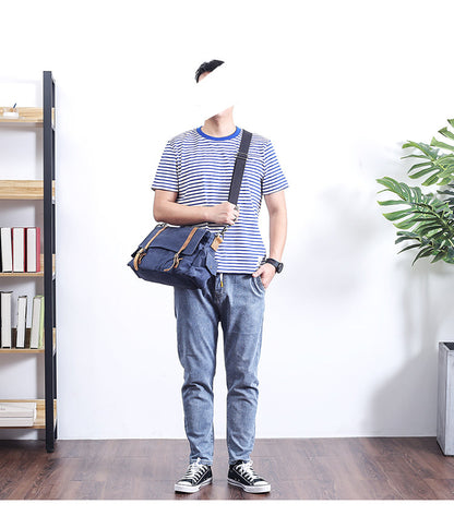 Waxed Canvas Leather Mens Waterproof 10'' Side Bag Courier Bag Blue Messenger Bag For Men