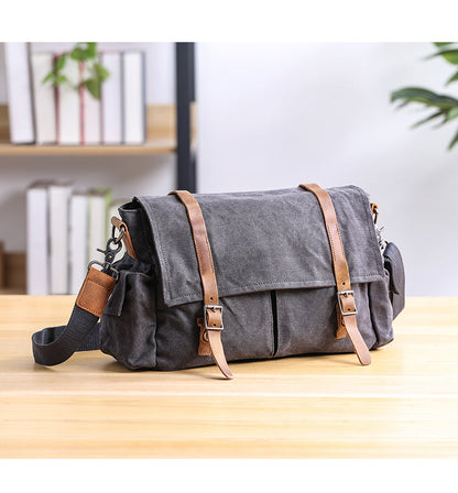 Waxed Canvas Leather Mens Waterproof 10'' Side Bag Courier Bag Blue Messenger Bag For Men