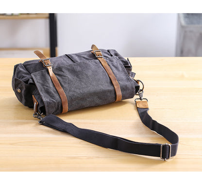 Waxed Canvas Leather Mens Waterproof 10'' Side Bag Courier Bag Blue Messenger Bag For Men