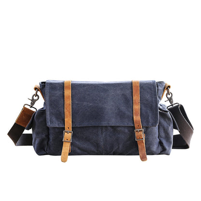 Waxed Canvas Leather Mens Waterproof 10'' Side Bag Courier Bag Blue Messenger Bag For Men