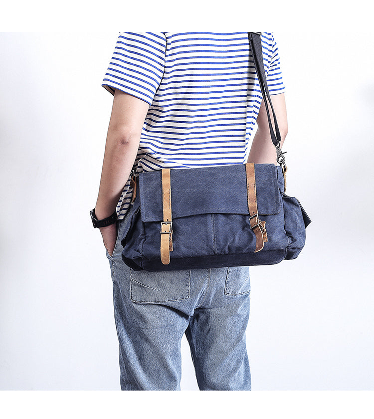 Waxed Canvas Leather Mens Waterproof 10'' Side Bag Courier Bag Blue Messenger Bag For Men