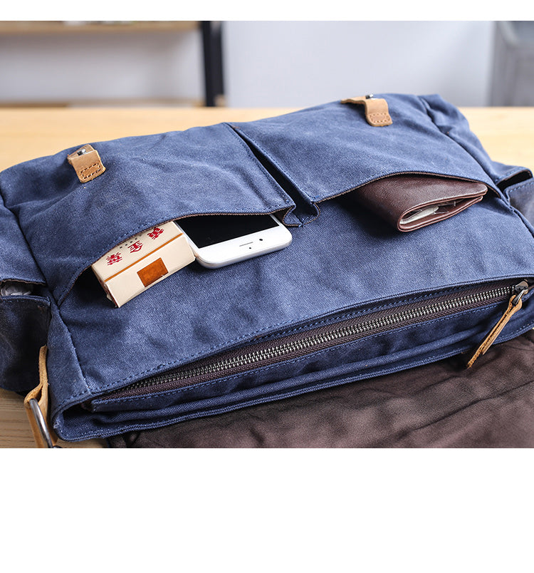 Waxed Canvas Leather Mens Waterproof 10'' Side Bag Courier Bag Blue Messenger Bag For Men