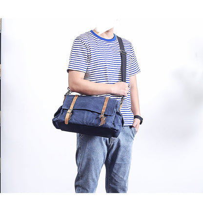 Waxed Canvas Leather Mens Waterproof 10'' Side Bag Courier Bag Blue Messenger Bag For Men