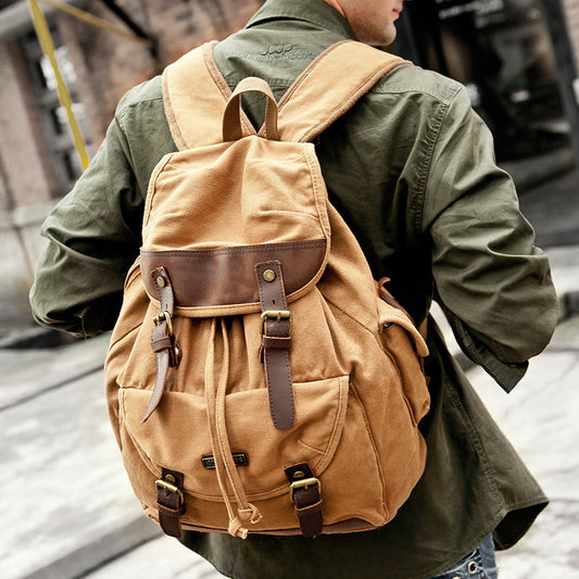 Canvas Leather Mens Women 16' Black Travel Backpack Khaki Computer Bag College Backpack for Men