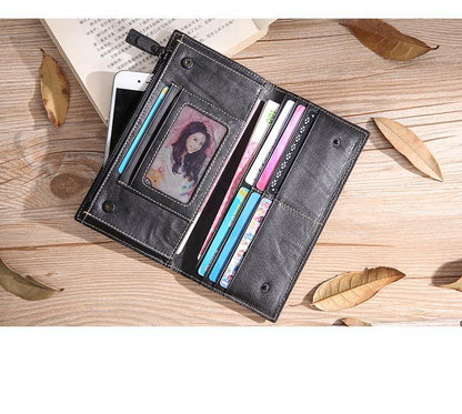 Casual Black Leather Men's Long Wallet Bifold Long Checkbook Wallet Clutch For Men