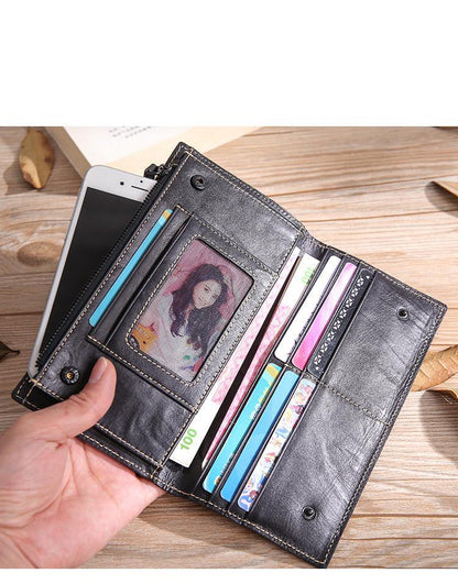 Casual Black Leather Men's Long Wallet Bifold Long Checkbook Wallet Clutch For Men