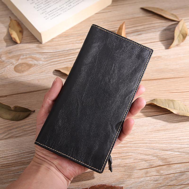 Casual Black Leather Men's Long Wallet Bifold Long Checkbook Wallet Clutch For Men