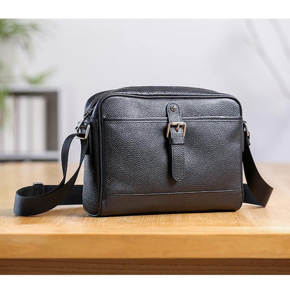 Casual Black Leather MENS Small Side Bag Black Messenger Bag Leather Courier Bag For Men