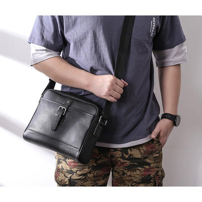 Casual Black Leather MENS Small Side Bag Black Messenger Bag Leather Courier Bag For Men