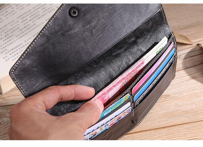 Casual Black Leather Men's Long Wallet Bifold Black Checkbook Wallet Clutch For Men