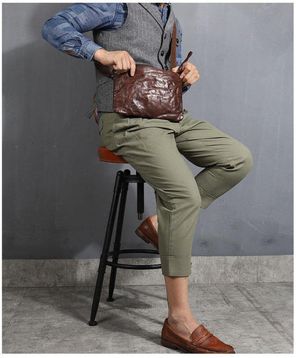 Casual Green Leather Mens Small Side Bag Messenger Bag Brown Post Bag Courier Bags for Men